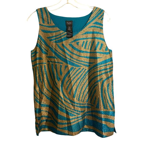 Chico's Travelers Top Sleeveless SZ O Teal Gold Textured Metallic Abstract Shiny - Picture 2 of 9